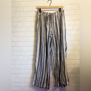 New Linen Blend Striped Gray and White Drawstring Beach Pants Wide Leg L